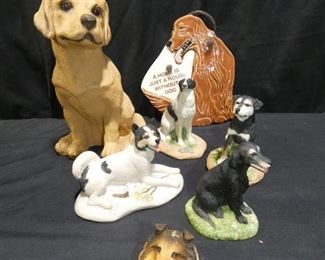  	Dog Lover Collectibles
Description 	
- Resin Yellow Lab - 9.5" Tall
- Smokey Mountain Pottery Wall Plaque Retriever - 8" Tall
- Sandycast Collie  2" Diameter
- 4 - Charmstone Dog Figures -Hand Painted Cold Cast Marble approx 5"
UPS STORE PACKING & SHIPPING