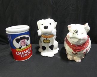  	3 Cookie Jars! Dog, Pig & Quaker Oats
Description 	
- Pig Cookie Jar  with chip on Bee on the Nose 11" tall
- Dog with a BoneCookie Jar 12" tall
- Quaker Oats Cookie Jar 9.5" tall
UPS STORE PACKING & SHIPPING