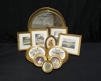 Collection Gold Frames Sketches, Prints & Mirror
Description 	
- Set of 4 Sketches 8.5" x 7.5" 
- 2 Round Flower Prints 7.5" diamter
- Oval Windsor Print 7" x 5"
- 2  Round 4' Prints of Ladies
- 1 Small Gold Mirror 3"
- Round 16" Painting on Metal Platter (see photos for Chips)
UPS STORE PACKING & SHIPPING