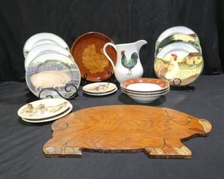 Farm Amimal Decor - Decorative Plates and More
Description 	
- Rooster Pitcher- 9" tall - by Cordon Bleu
- 6 Block Country Farm by Geer  8" Primitive Plates - sheep,rooster, etc.  2 plates have chips
- 6 1/8 Plates by Pottery Barn  - 4 Horse Plates
- Block Country Farm Bowls 3 bowls  1 bowl has chips
-Red Ware Tennessee Clayworks Plate 10.75"  - Handpainted Turkey 
-Wooden Pig Wall Hanging - 16.5" x 9.5"
UPS STORE PACKING AND SHIPPING