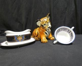 Wedgwood, Noritake & more
Description 	
-Ceramic Tiger Cub -  8" x 9" tall
-Wedgwood Bone China - Cream Soup Cup - W1956
-Noritake Gravy Boat - Paradise Tribute
UPS STORE PACKING & SHIPPING