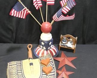 July 4TH Decor
Description 	
-Red, White and Blue Centerpiece with USA Flags - 20.5" tall
-2 Metal Stars - 5" and 7" - painted red
-Hanging Hearts (pair of red wooden hearts)
-Woven Grass Fan
-Miniture 5" tall Bench with Clay Amish Couple
UPS STORE PACKING & SHIPPING