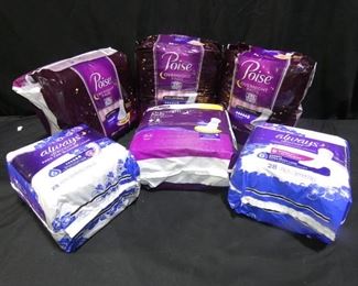 Poise, DG Health and Always Pads
Description 	
3 Packs - Poise Pads - 24 pads - Overnight - Extra Coverage
Always Descrete - 28 pads - extra long
DG Health - Overnight Pads - 24 pads
SHIPPING AVAILABLE