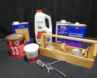 Small Wooden Toolbox
-Zip Wax by Turtle Wax Car Wax - opened but almost Full
-2 - 32 oz. Turpintine - almost full
-Boiled Linseed Oil - 32 oz. - almost full
-DAP Window Glaze - 32 oz. 
-14 oz. OATEY Plumbers Putty