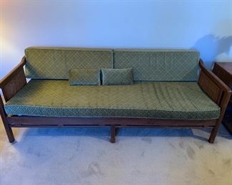 Danish Modern Sofa with Cane  Back and Sides 31.5’’ deep by 29.5’ High by 78” wide and matching  Danish Modern Chair 27” wide by 30” deep by 29.5” High -Pair$1500 Both in excellent condition.  MCM Wrought Iron Coffee Table with Greek key design (with cracked marble top )19.75” W by 11.5” H by 72” Long $200