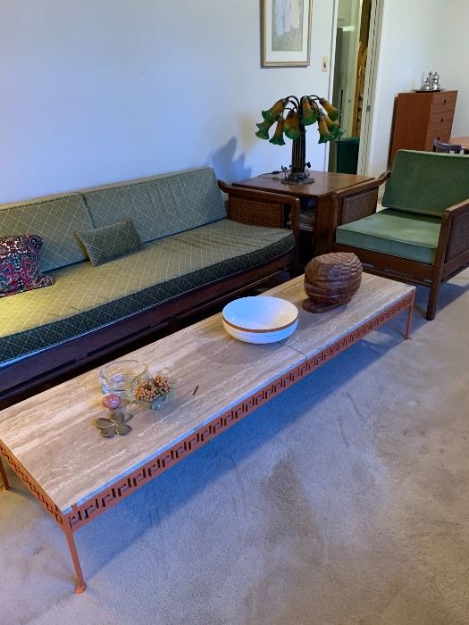 Danish Modern Sofa with Cane  Back and Sides 31.5’’ deep by 29.5’ High by 78” wide and matching  Danish Modern Chair 27” wide by 30” deep by 29.5” High -Pair$1500 Both in excellent condition.  MCM Wrought Iron Coffee Table with Greek key design (with cracked marble top )19.75” W by 11.5” H by 72” Long $200 