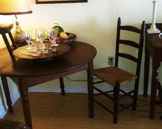 1860 ROUND TABLE, HAND TURNED LEGS, LADER BACK CHAIR, MILK ING STOOL, CHRYSTAL GOBLETS