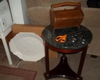 large turkey platter and marble topped end table