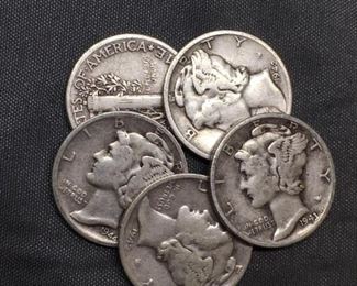 5 Count Lot of United States Mercury Dimes 90 Silver  From Estate