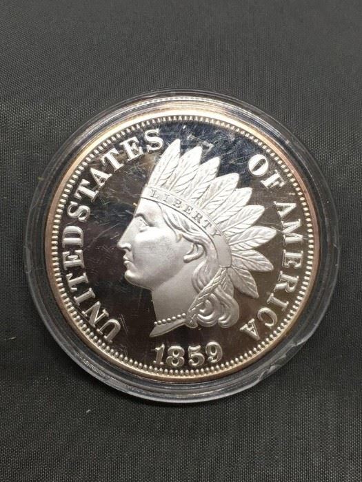 .999 Fine Silver COPY 1859 United States Indians Head Penny Cent Coin Over 1 Ounce