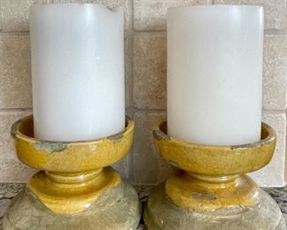Item 20:  (2) Pottery Barn Tuscan Small Pillar Candle Holders - 5.25" x 4.25": $55
