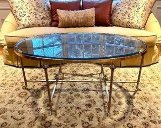 Item 97:  Cabot Furniture Brass & Glass Coffee Table with Camel Foot Feet - 50"l x 32"w x 22":  $445