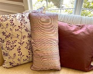 Item 99:  (2) Silk Pillows with Maroon Vines (left) - 25.5" x 25.5":  $35 each                                                                                                          Item 100:  (2) Silk Pillows with Stripes (middle) - 22" x 22":  $32 each                                                                                                         Item 101:  (2) Maroon Silk Pillows (right) - 12" x 24": $30 each