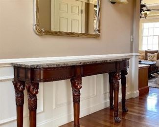Item 109:  Henkel-Harris Marble and Carved Lion Head Console Table - 72"l x 19.5"w x 34.25"h: $3495