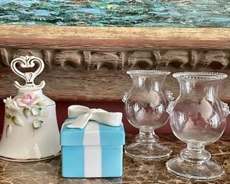 Item 130:  Bell, Tiffany & Co. box, and two vases:  $48                         Tiffany & Co. box - 2.25" x 2"