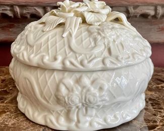 Item 131:  Covered Ivory Candy Dish with Delicate Flowers - 5":  $18