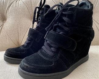 Item 177:  BOWIE Hi-Top Wedge Trainers Black Suede Black Sole (size 10):  $95