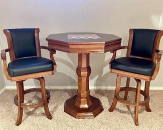 Item 241:  Game Table and Chairs:  $445                                                                       Table - 36"l x 36"w x 42.5"h                                                                             Arm Chairs - 23.5"l x 19.5"w x 45"h