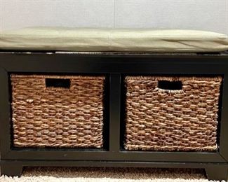 Item 295:  Crate and Barrel Bench with Wicker Baskets (this item has some wear) 36"l x 16.5"w x 20"h: $75