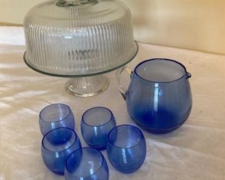 Anchor Hocking Cake Plate with Lid and Blue Pitcher with 5 Little Cups