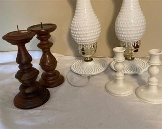 Milk Glass Lamps White Ceramic Candlesticks and Wood Candlesticks