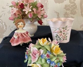 Royal Adderley Porcelain Flower Bouquet Italian Porcelain Doll Figurine Porcelain Pot and Silk Flower Arrangement