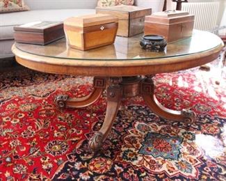 Antique Victorian banded / inlaid burl wood coffee table