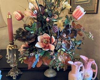 Arrangement; vintage Hull pitchers