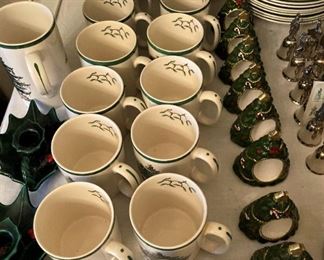 Spode "Christmas Tree" mugs and plates; napkin rings