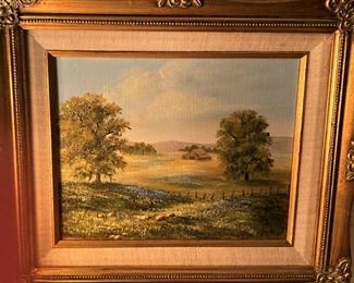 One of three small framed bluebonnet paintings by  Artist P. Glass