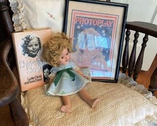 Shirley Temple doll, book, and framed picture