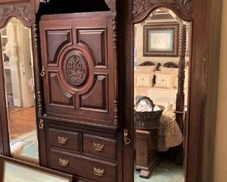 Extra large antique armoire with double mirrored doors
