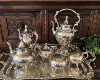 Stunning silver plate coffee and tea service with tilt coffee server on silver plate tray