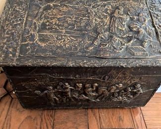 Antique embossed brass kindling box