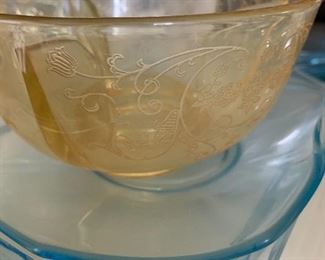 1920's depression glass, in yellow and blue