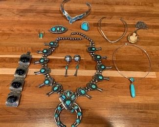 Native American turquoise squash blossom necklace and earrings, sterling silver, chocker, black onyx bracket, rings, more not pictured.