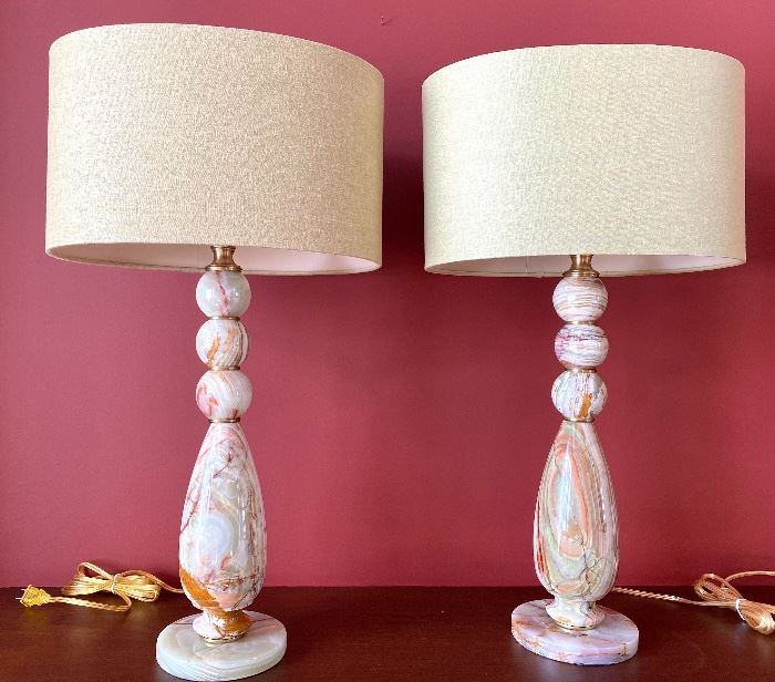Stunning Pair of Onyx Table Lamps with coordinating shades. These lamps are simply stunning and truly capture the nature's beauty!  They measure 27.5" and were purchased for $878/pair
