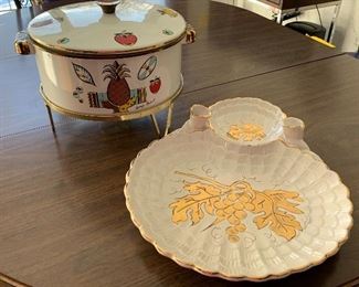 Georges Briard Enamel Lidded Pot w/ Warmer and Vintage Serving Tray (Italy). The enamel pot has light wear. 