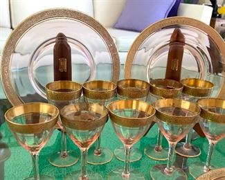 Antique/Vintage  Glassware. Includes 13 clear plates- possibly sandwich pattern, 12 bowls, 10 pink plates with gold trim and 10 small cordials. (one broken after the picture was taken/there are 11 in the photo. However; only 10 are included) 