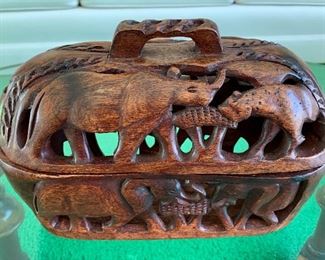 Hand Carved Animal Themed Wood Covered Container - 10" L 