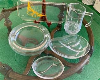 Five Serving Dishes- includes; glass bowl, two platters (10.5"x 3" and 11" x 7.5"), plastic tray and a pitcher 