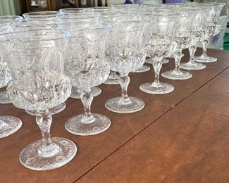 Antique Thomas Webb English Made Antique Engraved Glassware- Absolutely Beautiful! 
This gorgeous stemware pattern is possibly circa 1910, however; we are not 100% certain. 
Wow! is this set truly stunning.  Most of these pieces were ordered in 1950. There is a receipt dated 10/28/1950 detailing an order of this amazing beautiful Thomas Webb "hand engraved table glassware" It was crated and shipped from England to Minnesota. 
This lot includes a total of 109 pieces: 