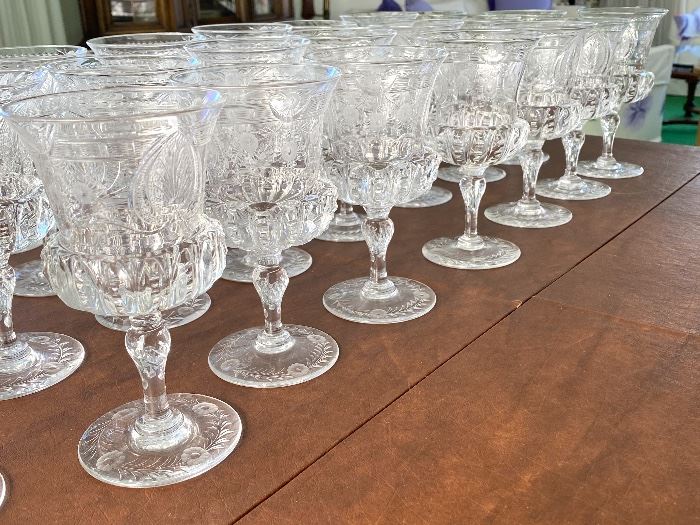 Antique Thomas Webb English Made Antique Engraved Glassware- Absolutely Beautiful! 
This gorgeous stemware pattern is possibly circa 1910, however; we are not 100% certain. 
Wow! is this set truly stunning.  Most of these pieces were ordered in 1950. There is a receipt dated 10/28/1950 detailing an order of this amazing beautiful Thomas Webb "hand engraved table glassware" It was crated and shipped from England to Minnesota. 
This lot includes a total of 109 pieces: 