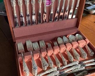 Wallace Sterling Flatware - Service for 12- "Sir Christopher" 
12 dinner forks
12 salad forks
12 relish forks
12 teaspoons
12 soup spoons
12 dinner knives
12 butter knives
2,409.14- NOT including the knife handles. 