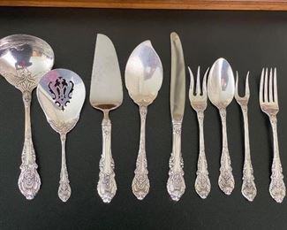 Variety of Wallace Sterling Silver Utensils (Sir Christopher) Includes 7” pie server, 6.75” ladle and more with nine pieces total.