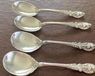 Four Wallace Sterling Soup Spoons- please look at the “bowls” of the spoons as there are two different patterns in the bowls. Each spoon measures 6” and the pattern is Sir Christopher. 