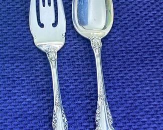 Wallace Two Piece Sterling Serving Set (Sir Christopher)- fork measures 8.1” and the spoon at 9” 