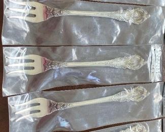 Five New Wallace Sterling Silver Relish Forks in the pattern of Sir Christopher 