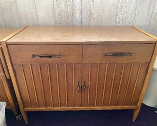 Vintage- Mid Century Console Cabinet with Storage. Two Drawer Storage With 2 Shelf Lower Storage Piece measuring 32 tall x 42 wide x 17.5 deep.