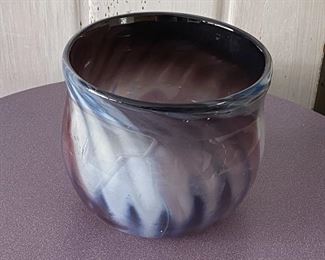 Signed Art Glass Bowl - very beautiful work of art in shades of purple, violet, blue and white. Measures 6" H x 6.75" W. Signed DW on the bottom.
